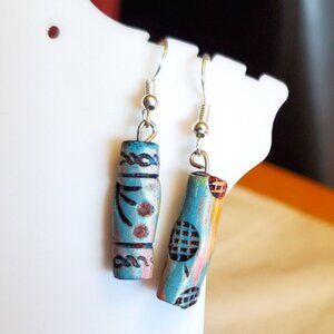 Silver Tone Hook Blue Wood Cylinder Earrings Style